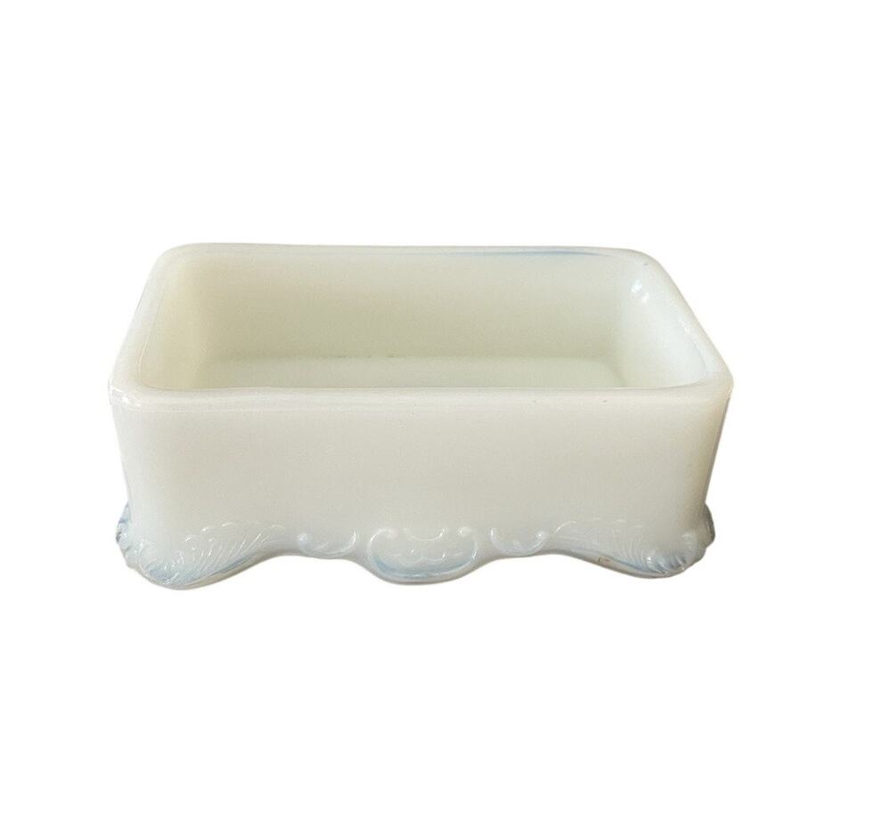 Vintage Opaline Milk Glass Footed Trinket Dish Scalloped Rim Vanity Soap Dish